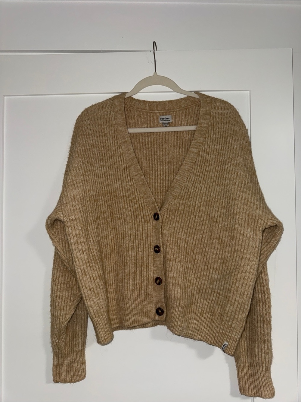 Rhythm Cozy Ribbed V-Neck Cardigan Sweater in Camel
